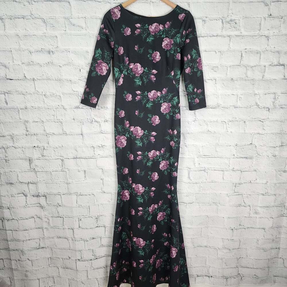 State & Willow purple rose trumpet gown Sz 4 dress 3/4 sleeve floral zip up A12C